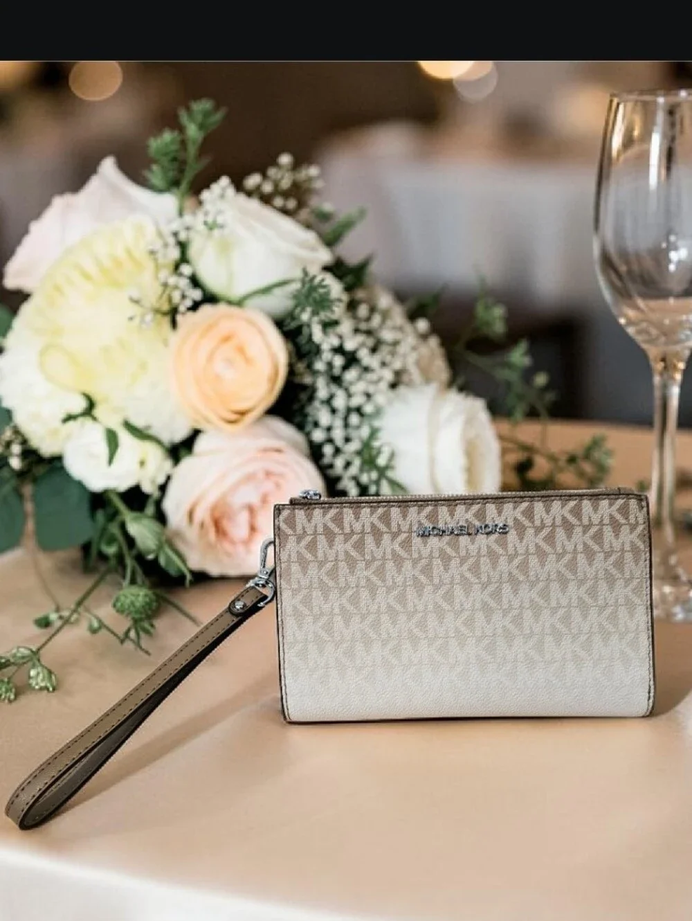NWT Michael Kors Beige Logo Wristlet Wallet with Brown Trim